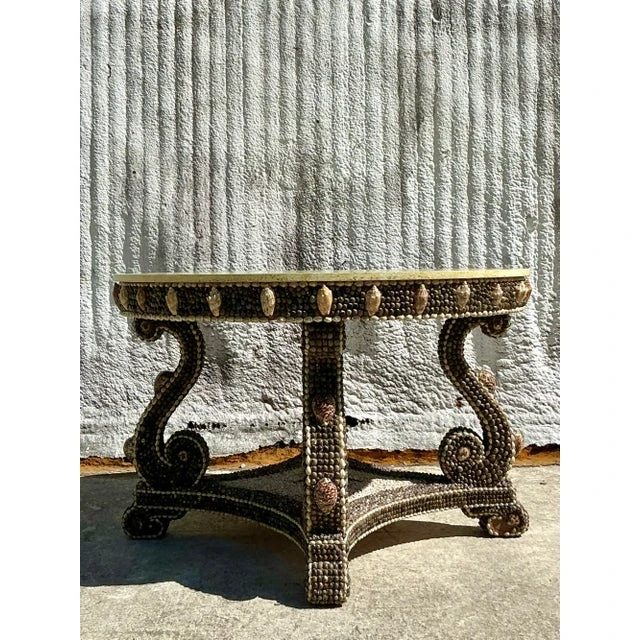 Vintage Coastal Shell Encrusted Center Hall Table - Detail view