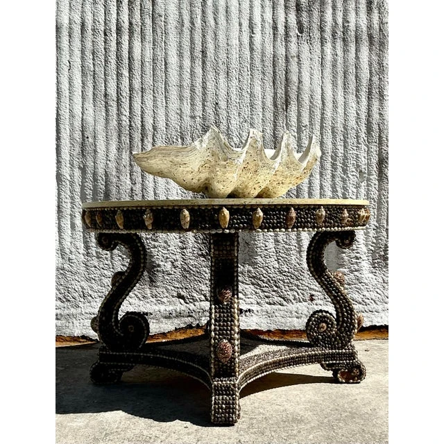 Vintage Coastal Shell Encrusted Center Hall Table - Top view