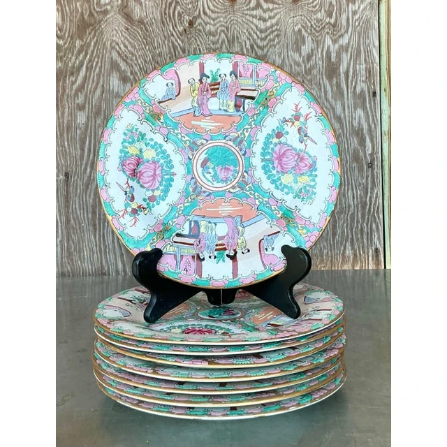 Vintage Asian Rose Famile Dinner Plates - Set of 8 - Back view