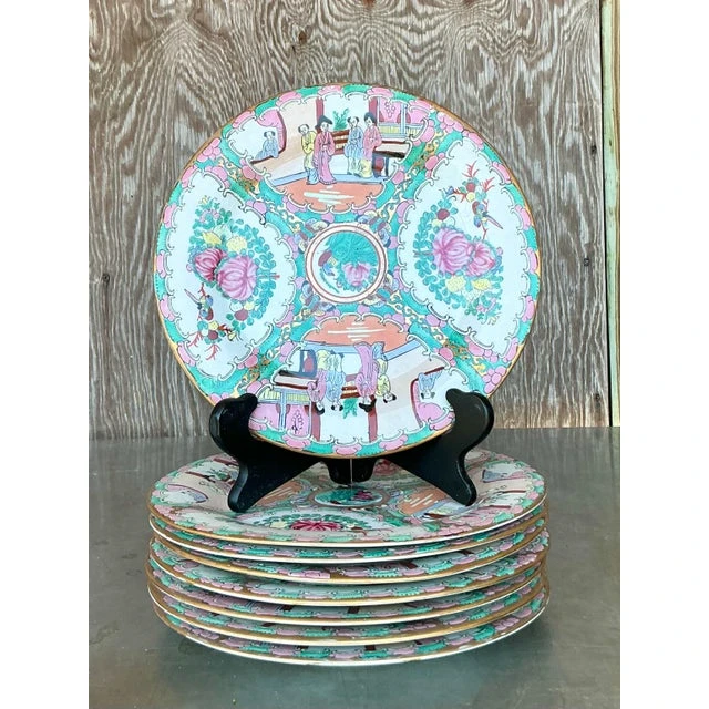 Vintage Asian Rose Famile Dinner Plates - Set of 8 - Side view