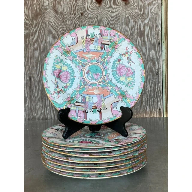 Vintage Asian Rose Famile Dinner Plates - Set of 8 - Detail view