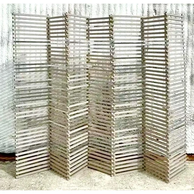 Vintage Boho Stacked Wood and Chrome Folding Screen - Back view
