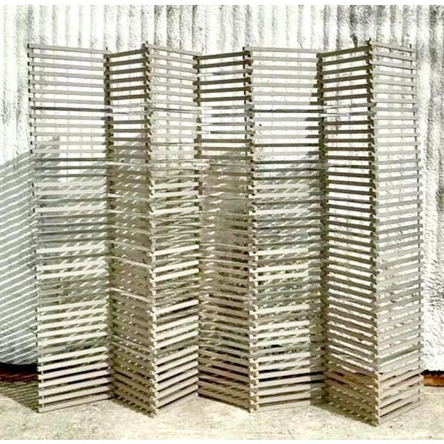 Vintage Boho Stacked Wood and Chrome Folding Screen - Detail view