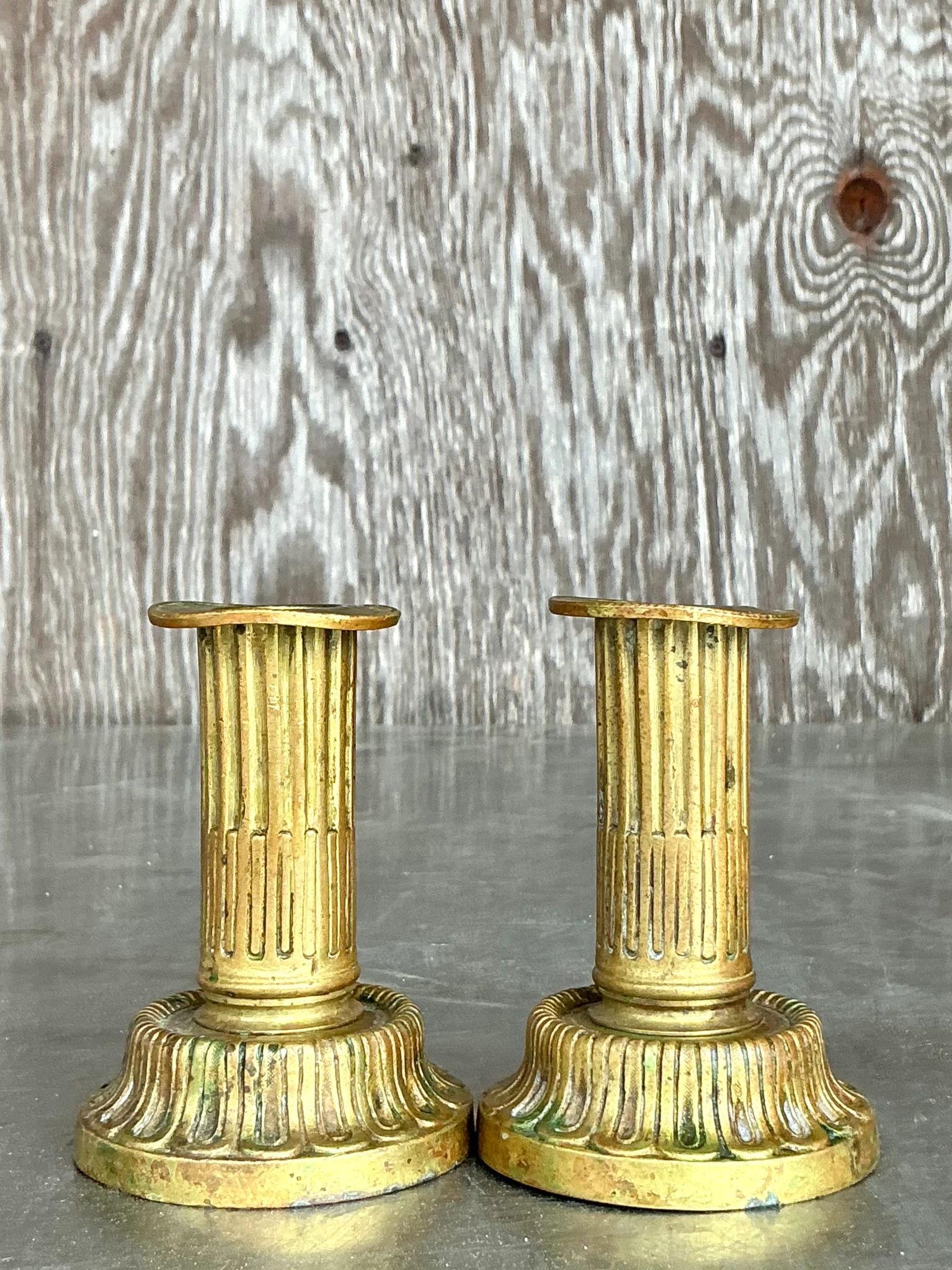 Vintage Boho Patinated Brass Candlesticks - a pair - Detail view