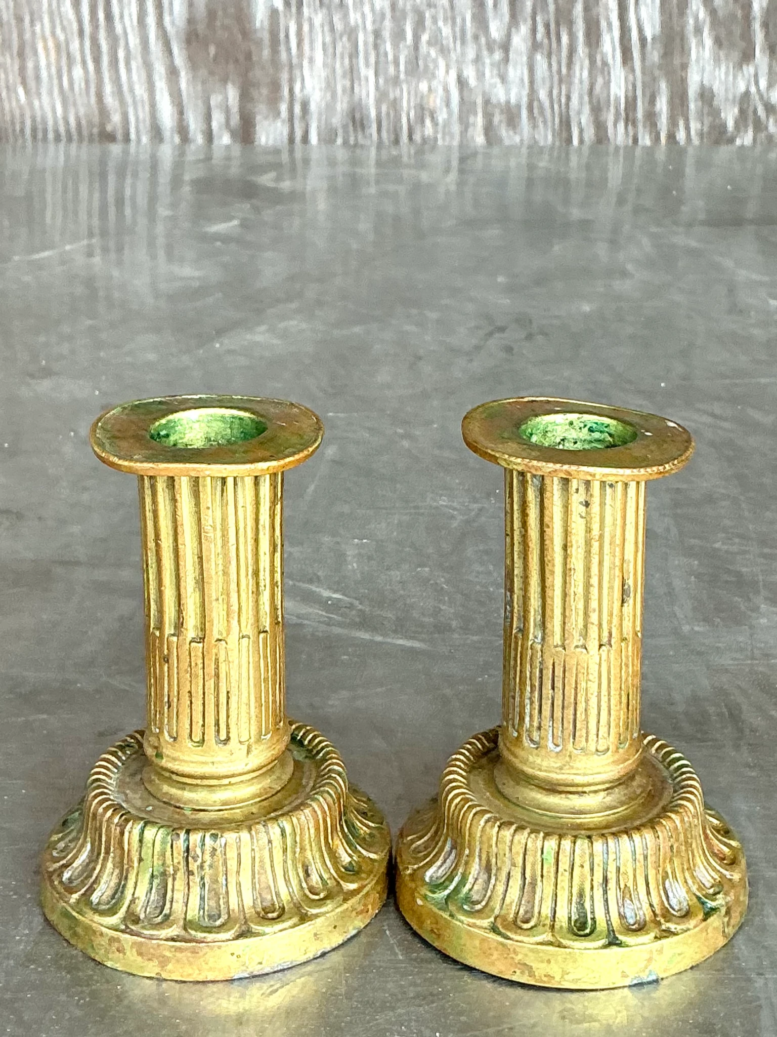 Vintage Boho Patinated Brass Candlesticks - a pair - Side view
