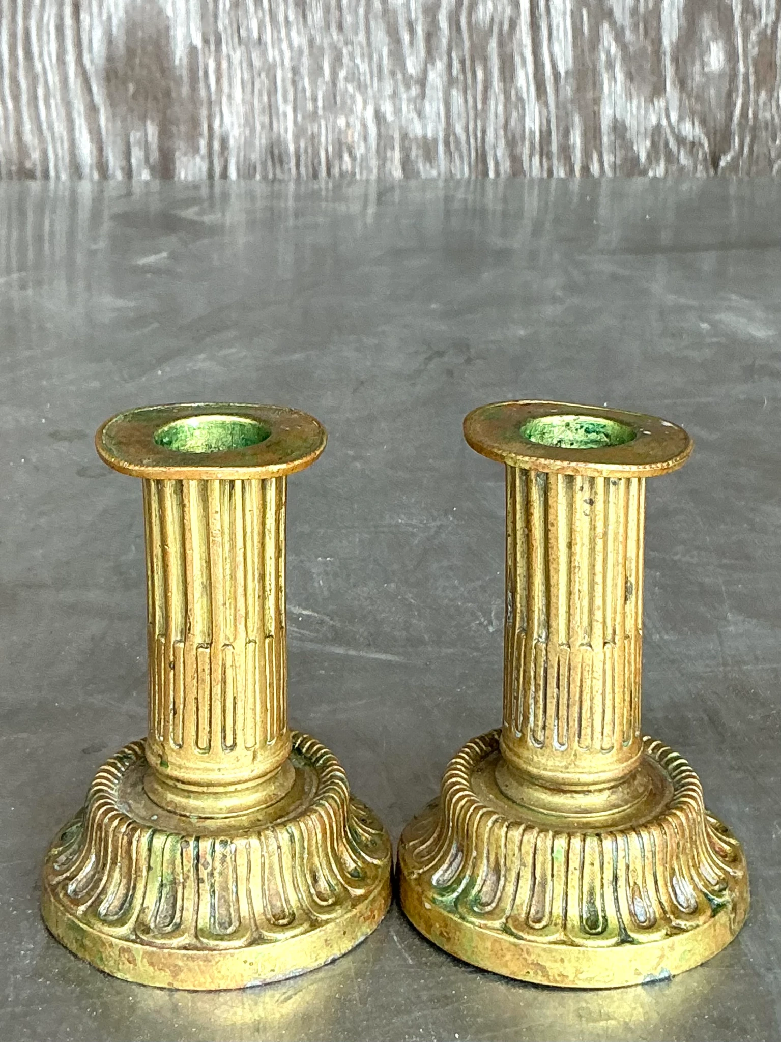 Vintage Boho Patinated Brass Candlesticks - a pair - Back view