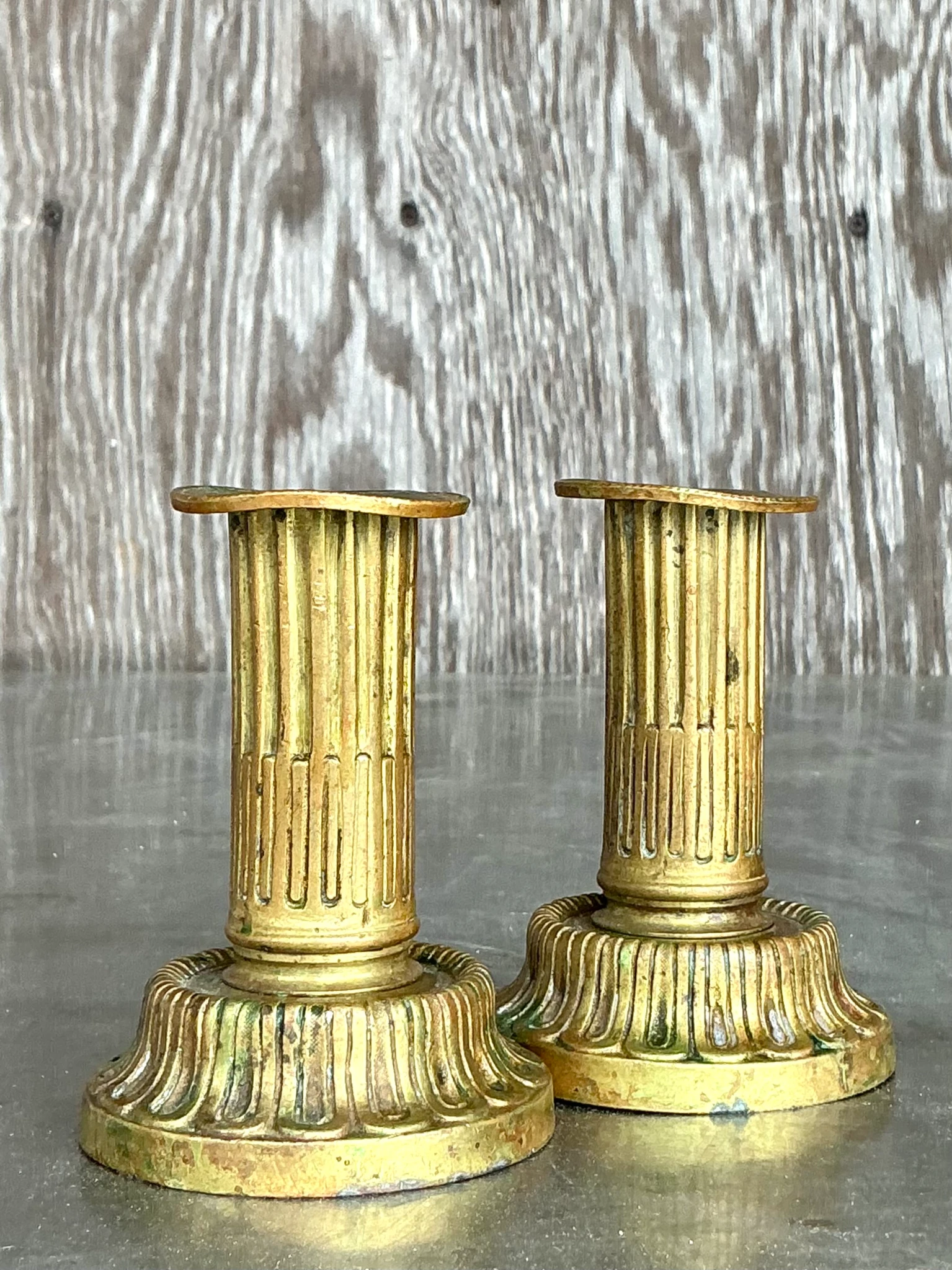 Vintage Boho Patinated Brass Candlesticks - a pair - Top view