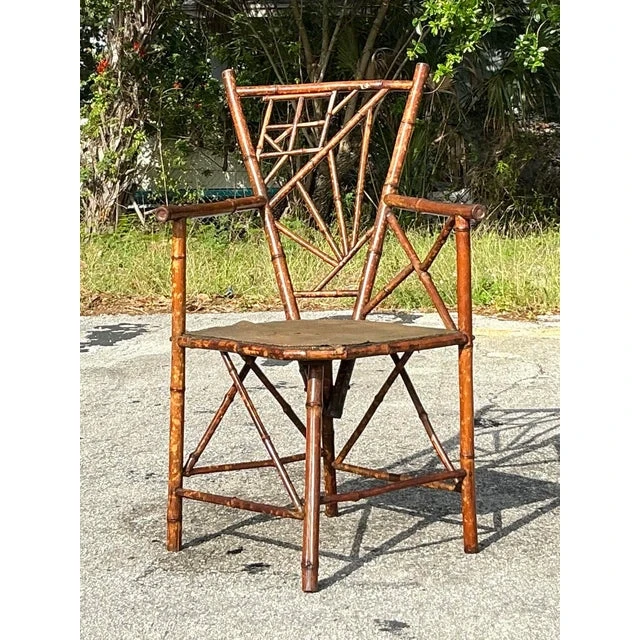 Vintage Distressed Tortoise Bamboo Chair - Side view