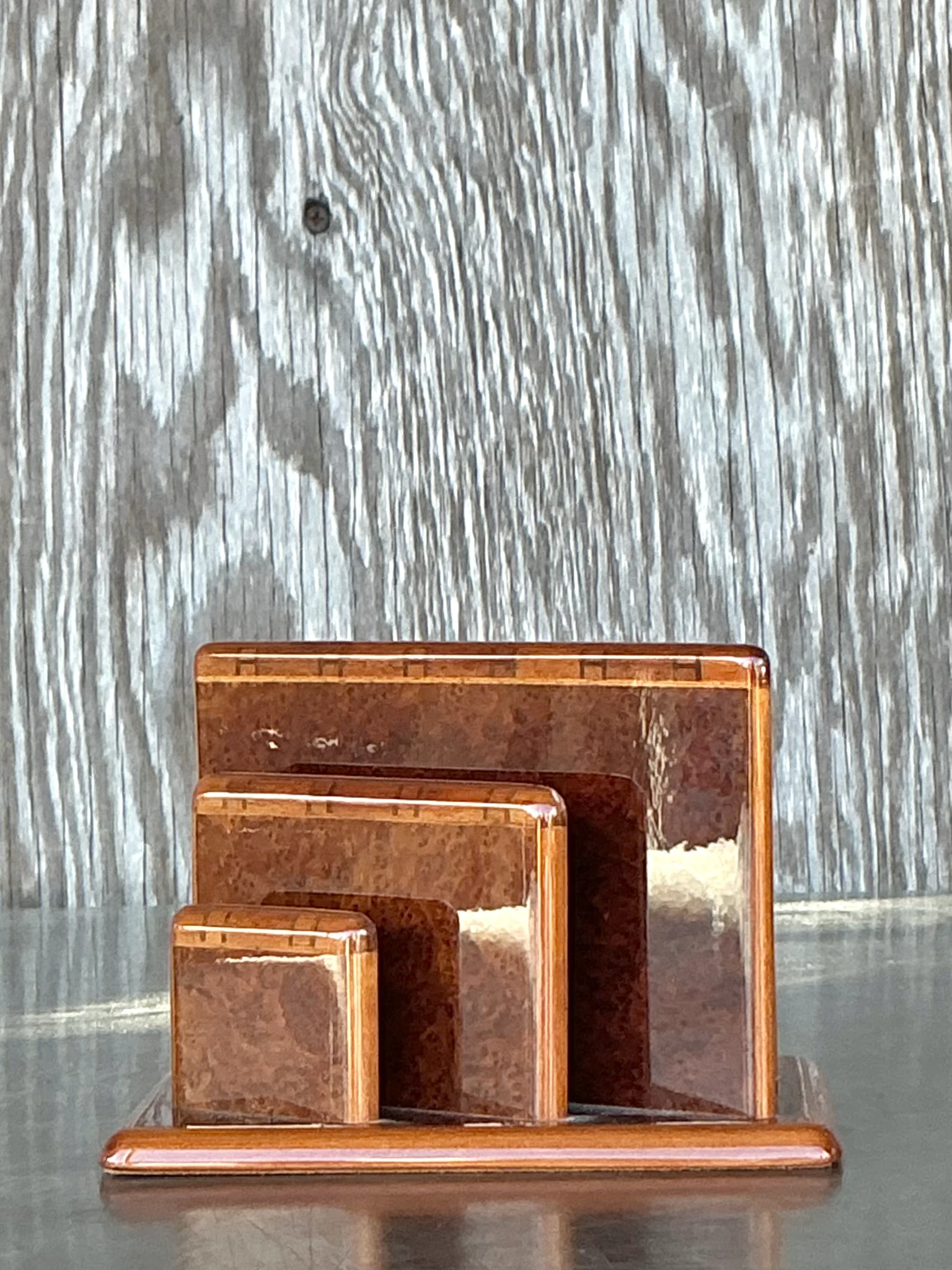 Vintage Boho Hermes Burl Walnut Logo Letter Holder  - Detail view