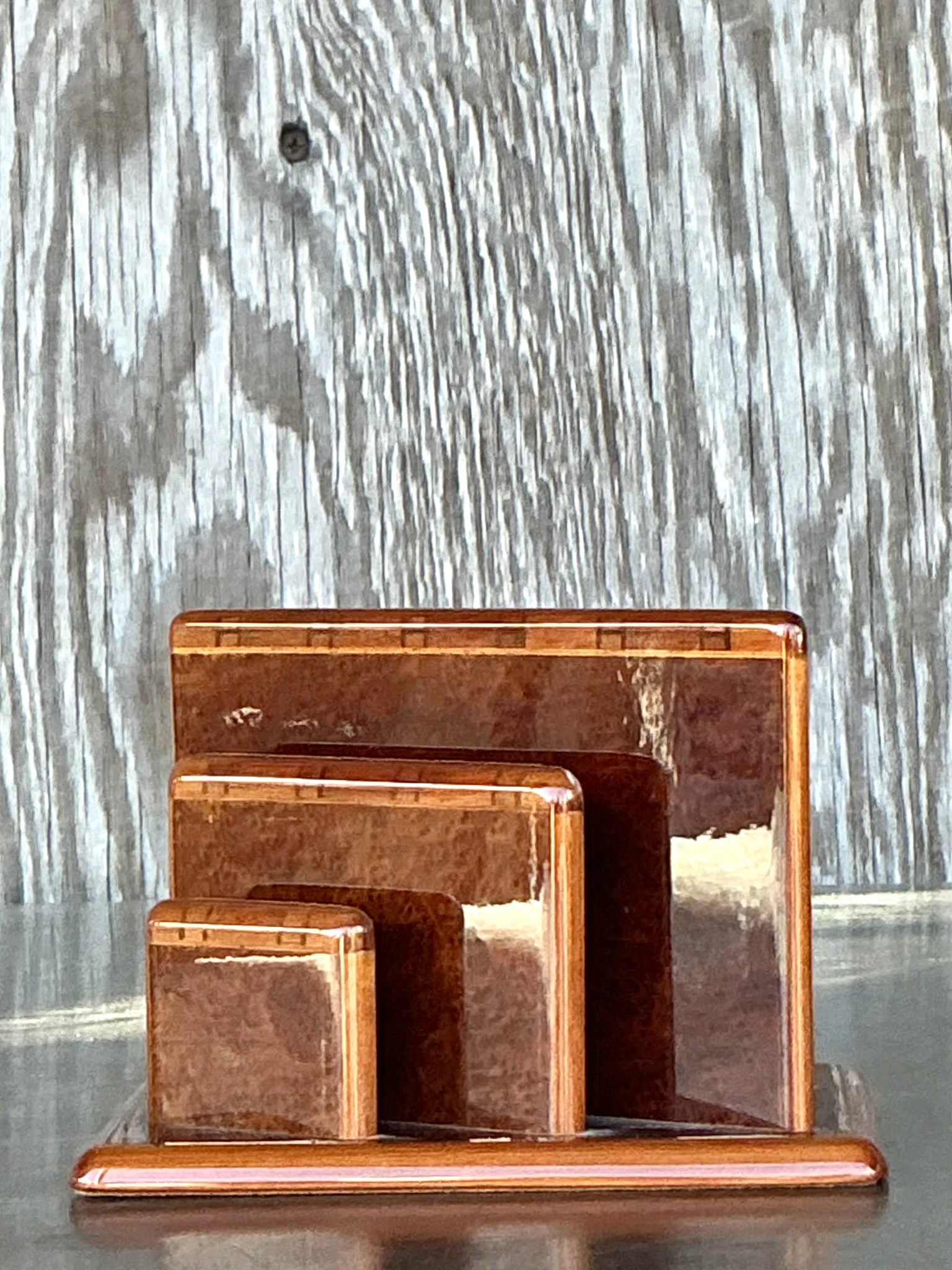 Vintage Boho Hermes Burl Walnut Logo Letter Holder  - Side view