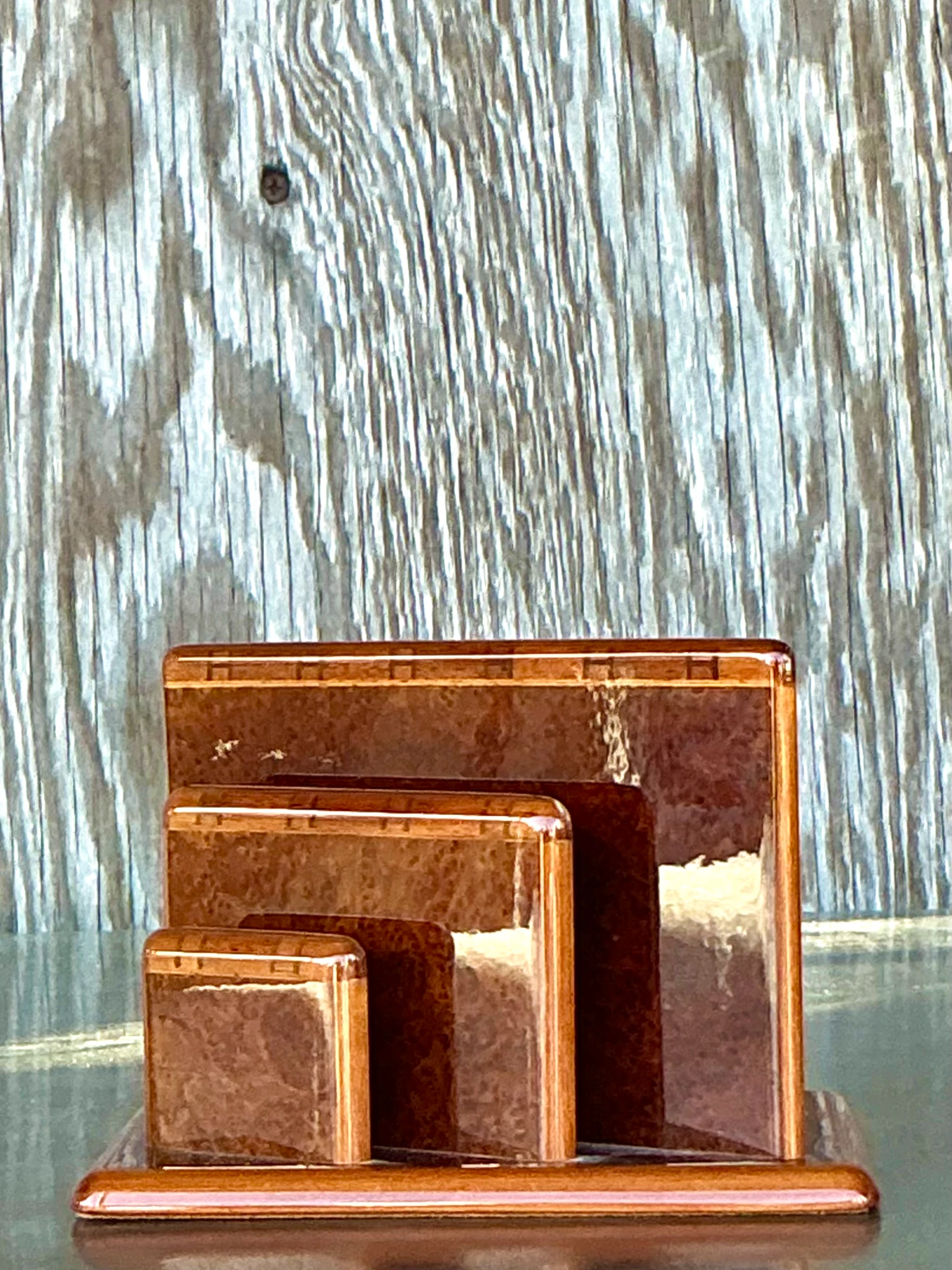 Vintage Boho Hermes Burl Walnut Logo Letter Holder  - Back view