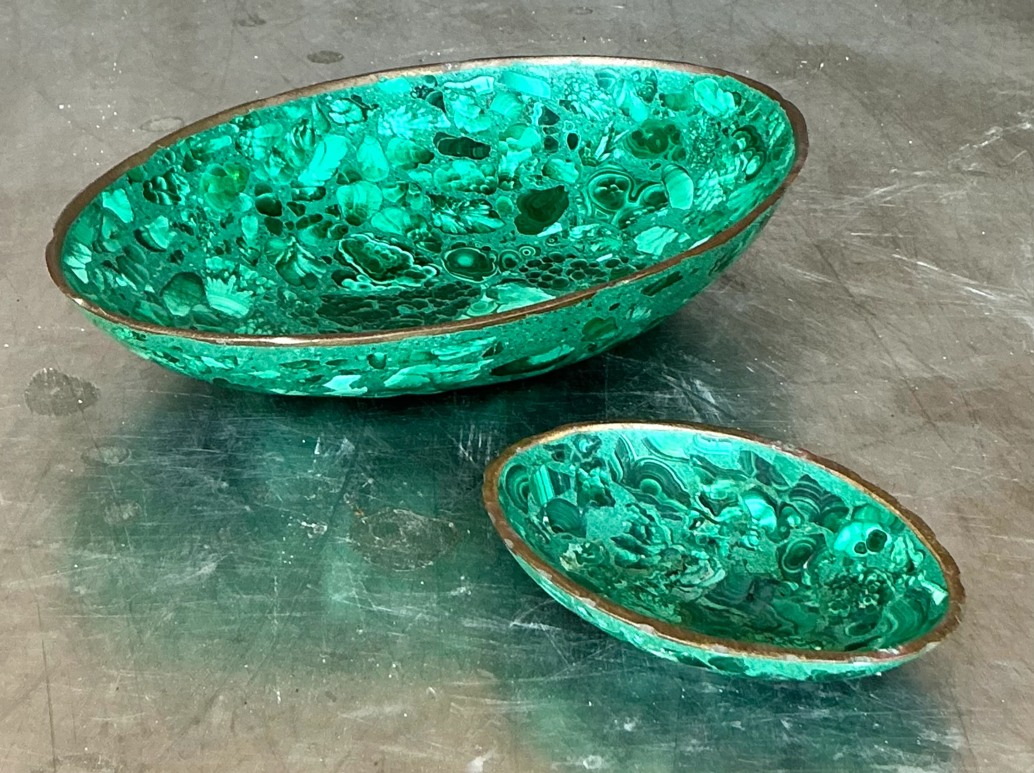 Vintage Boho Malachite Bowls- a Pair - Side view