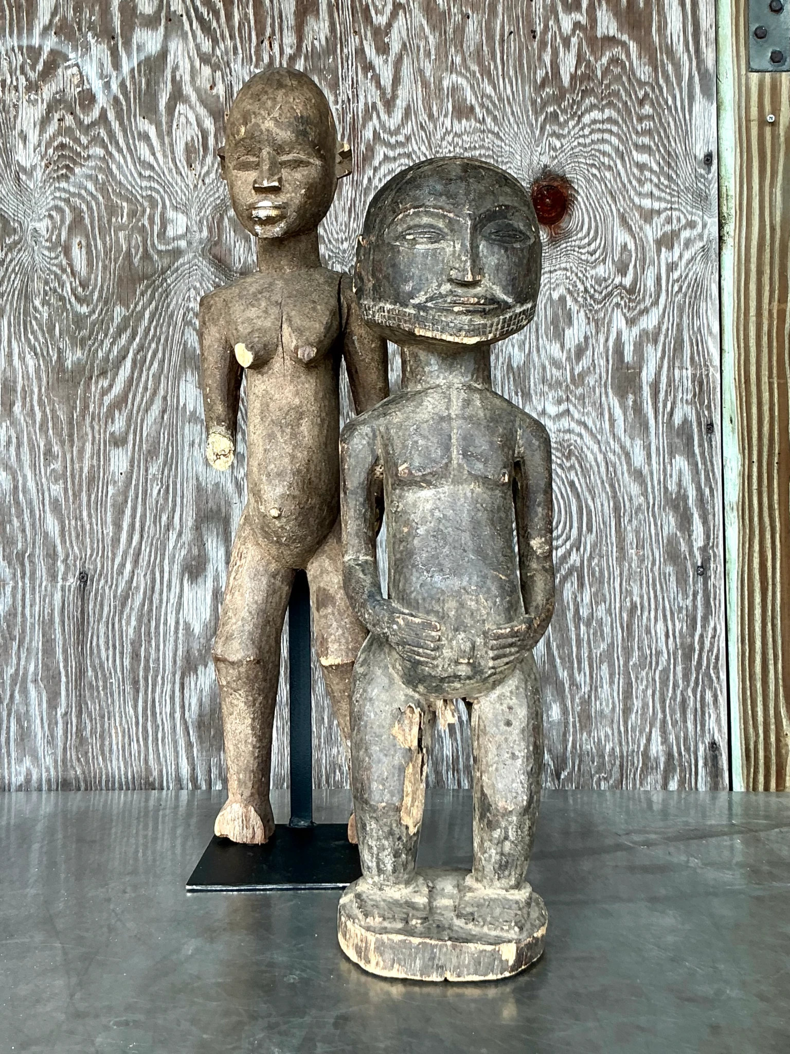 Vintage Boho Tribal African Carved Figures - Set Of 2 - Side view