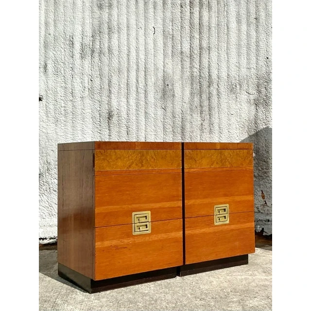 Vintage Midcentury Van Leigh Burl Wood Band Nighstands - A Pair - Back view