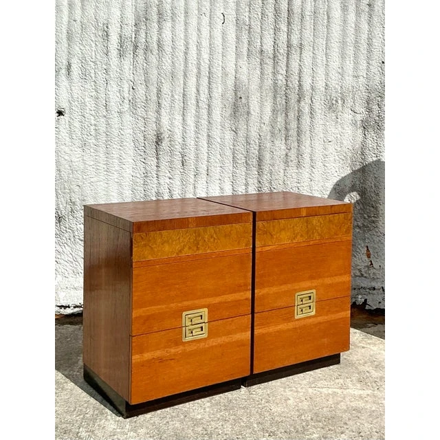 Vintage Midcentury Van Leigh Burl Wood Band Nighstands - A Pair - Top view
