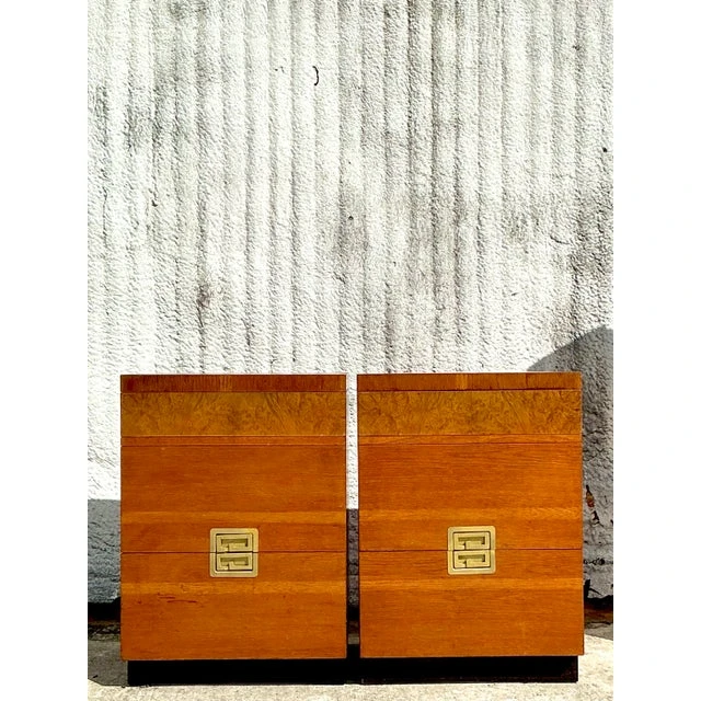 Vintage Midcentury Van Leigh Burl Wood Band Nighstands - A Pair - Side view