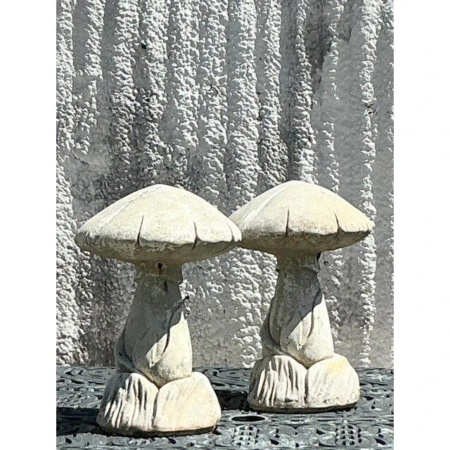 Vintage Boho Cast Stone Mushrooms - A Pair - Side view