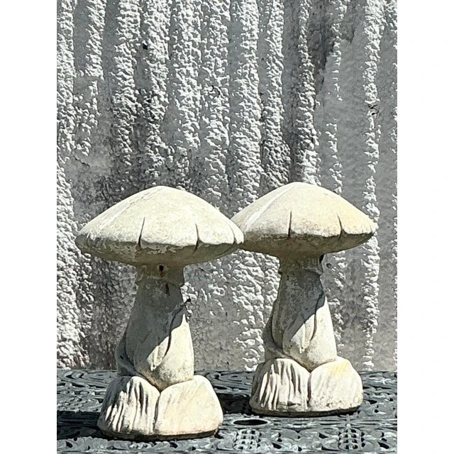 Vintage Boho Cast Stone Mushrooms - A Pair - Back view