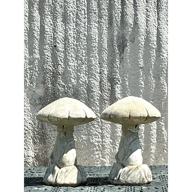 Vintage Boho Cast Stone Mushrooms - A Pair - Detail view