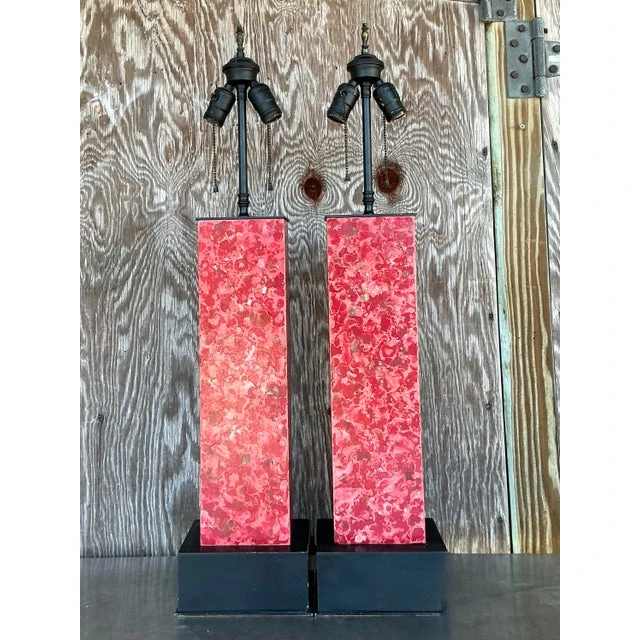 Vintage Boho Faux Marble Lamps - A Pair - Side view