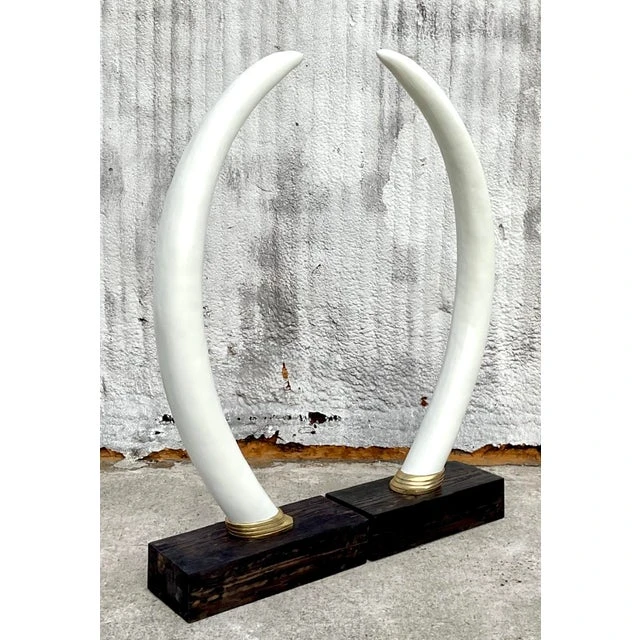 Vintage Boho Monumental Plaster Elephant Tusks - Set of 2 - Top view