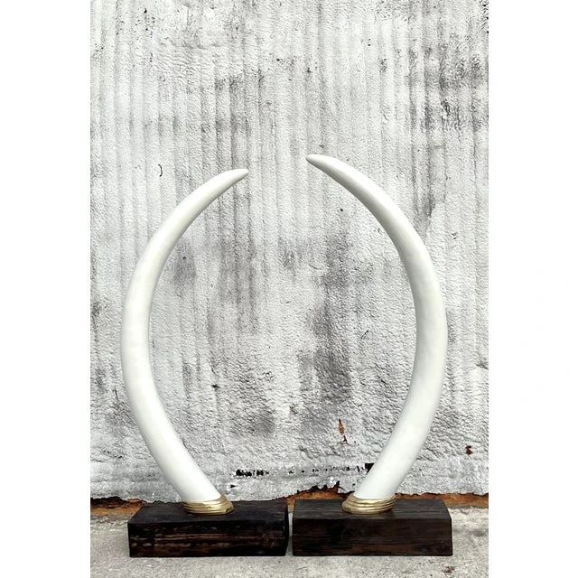 Vintage Boho Monumental Plaster Elephant Tusks - Set of 2 - Side view