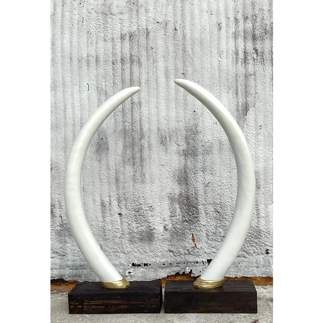 Vintage Boho Monumental Plaster Elephant Tusks - Set of 2 - Detail view