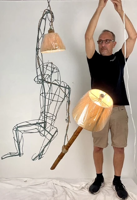 Vintage Monumental Boho Hanging Wire Frame Monkey Lamp - Side view