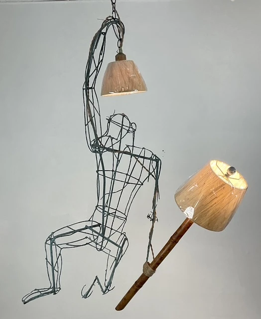 Vintage Monumental Boho Hanging Wire Frame Monkey Lamp - Detail view