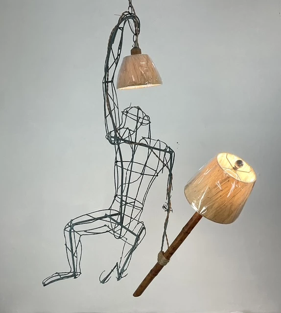 Vintage Monumental Boho Hanging Wire Frame Monkey Lamp - Back view