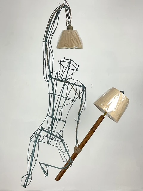 Vintage Monumental Boho Hanging Wire Frame Monkey Lamp - Top view