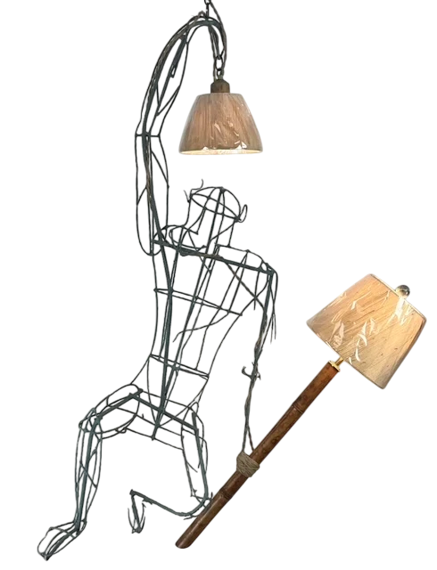 Vintage Monumental Boho Hanging Wire Frame Monkey Lamp
