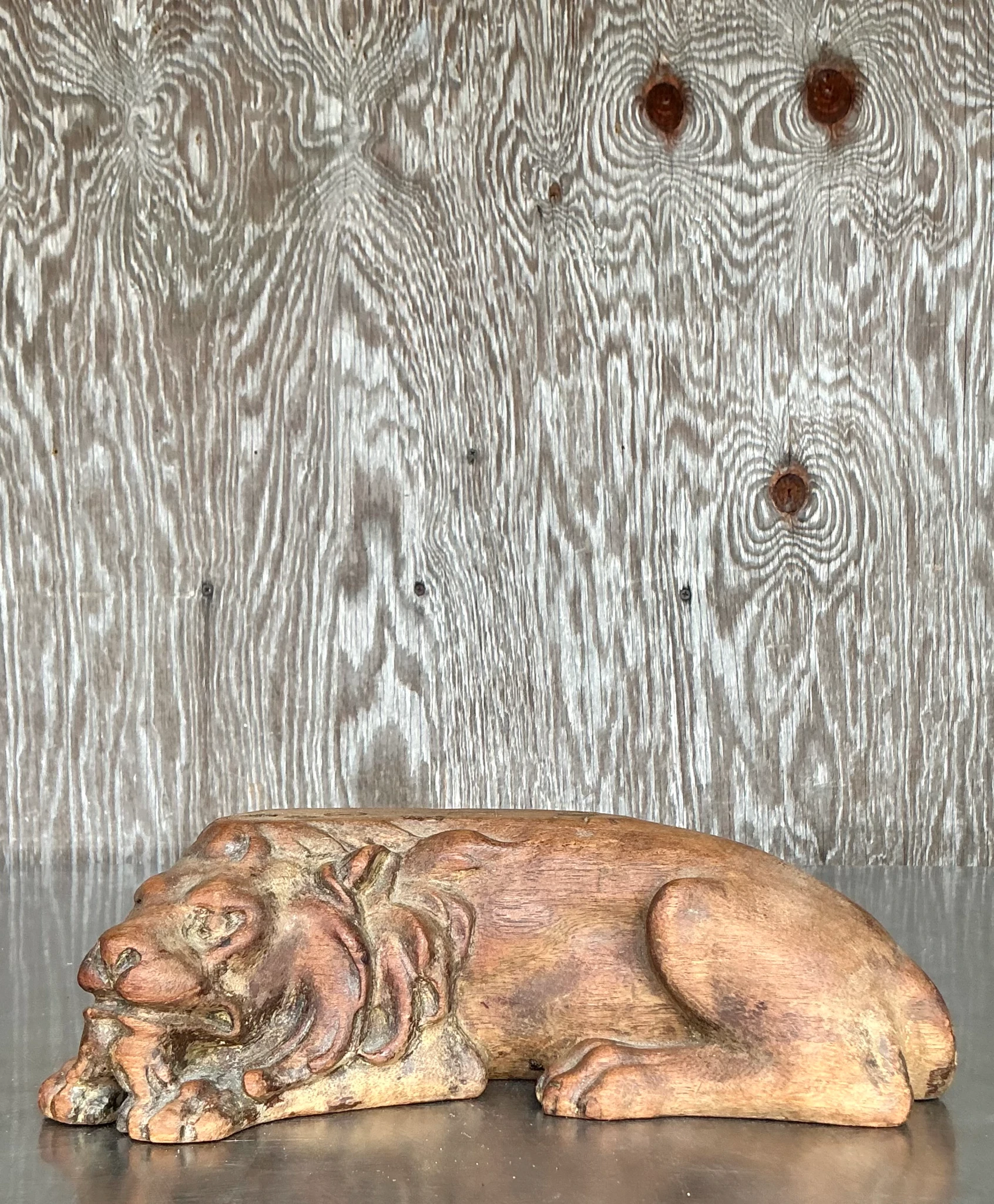 Vintage Boho Carved Wood Lion - Detail view