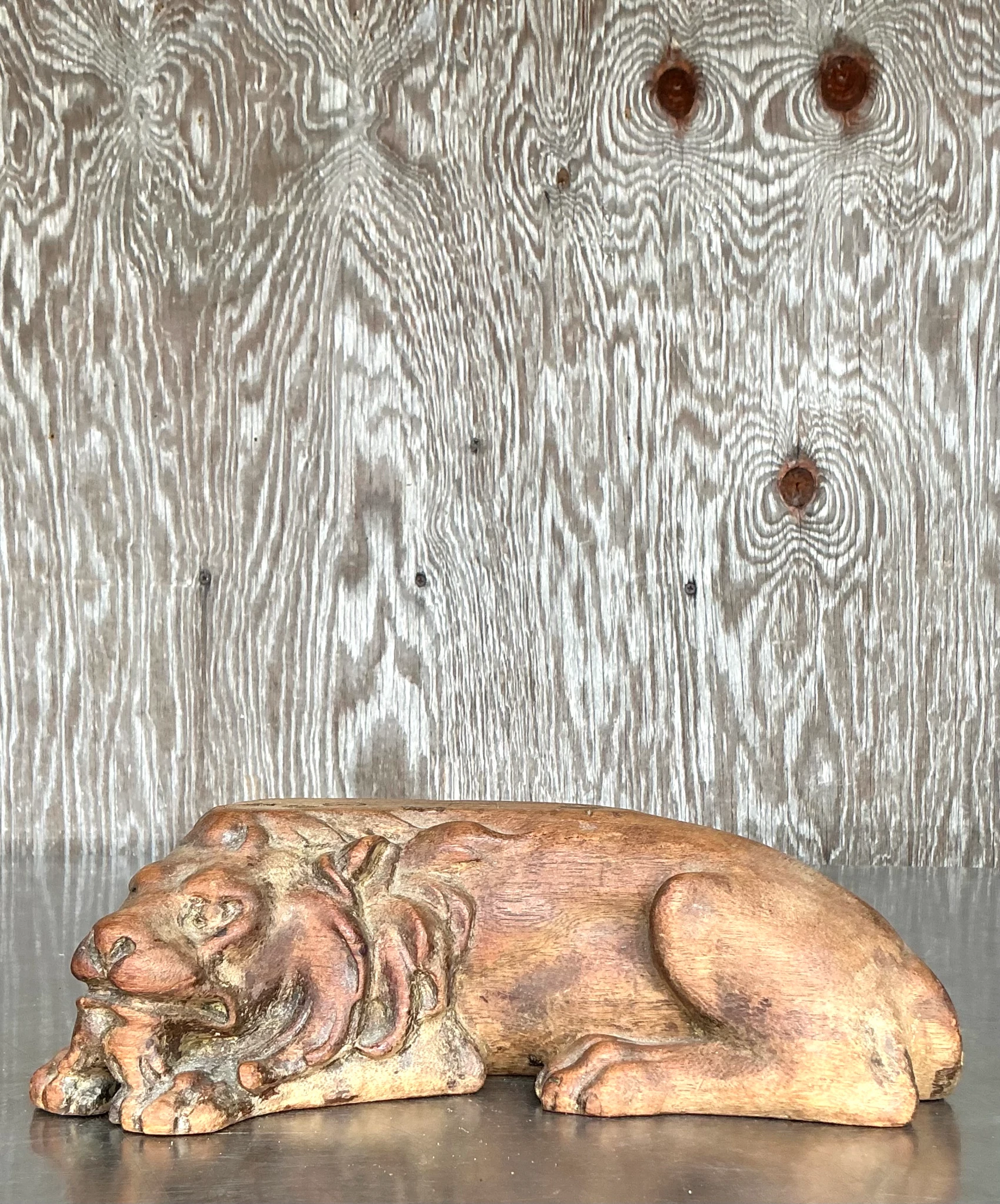 Vintage Boho Carved Wood Lion - Side view