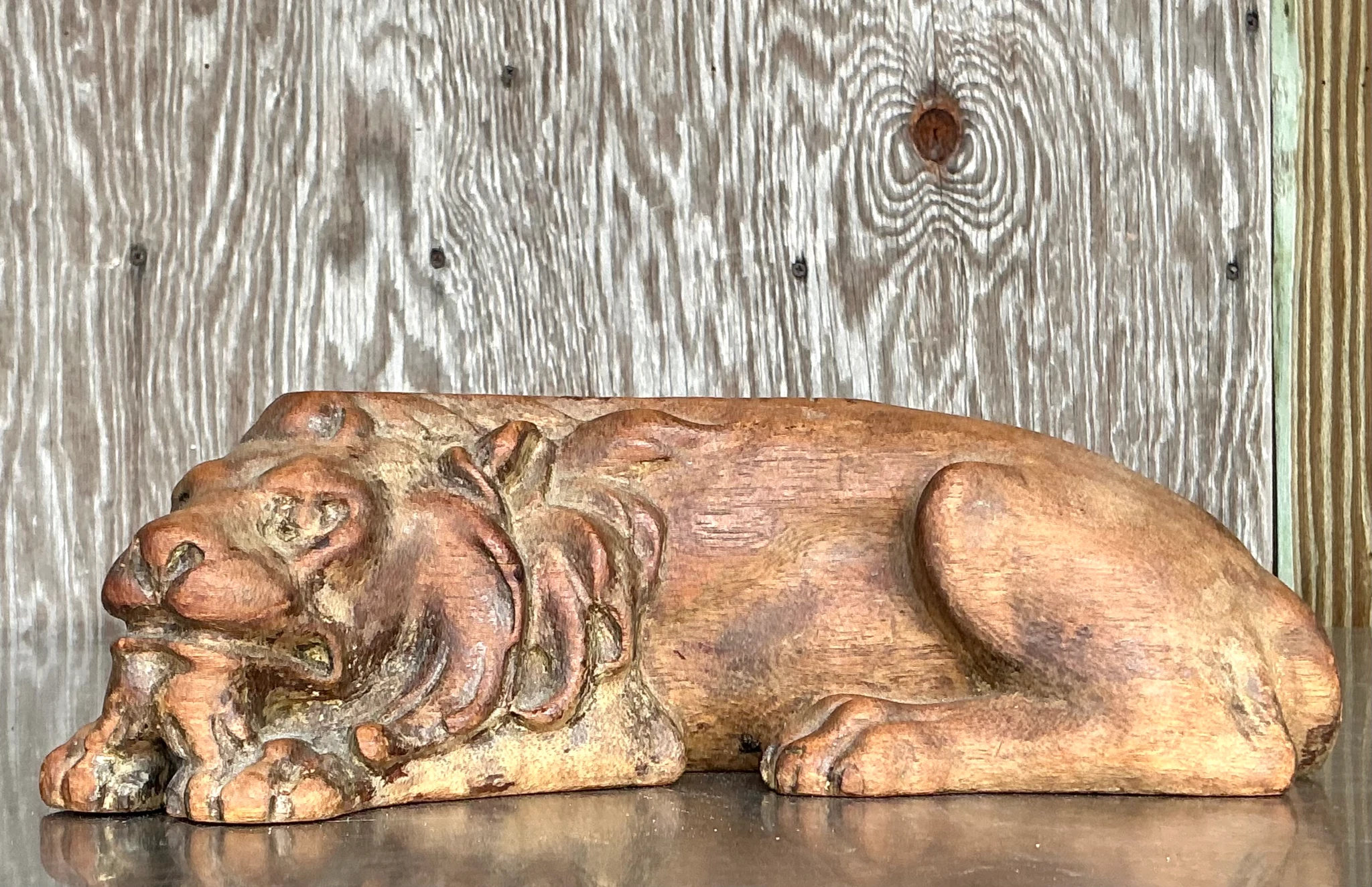 Vintage Boho Carved Wood Lion - Back view