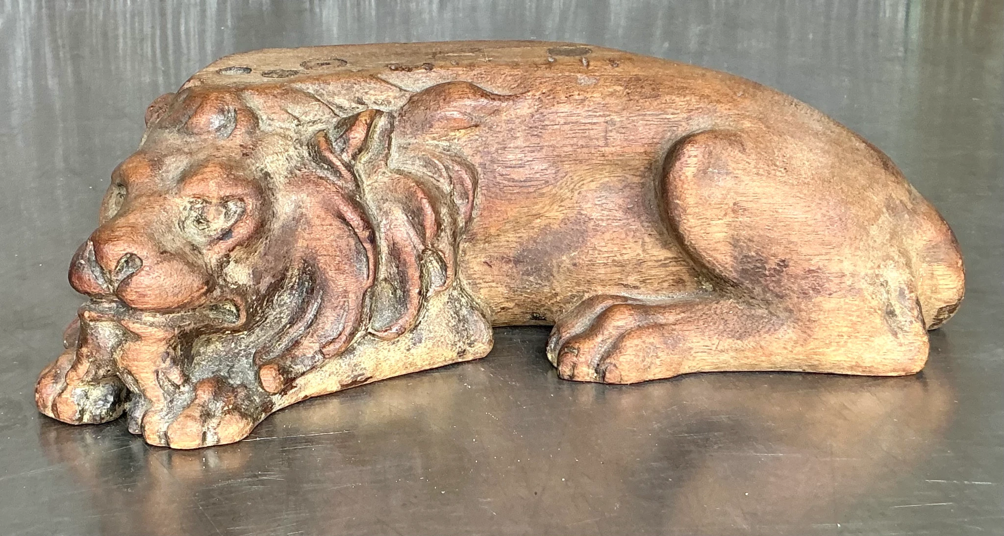 Vintage Boho Carved Wood Lion - Top view