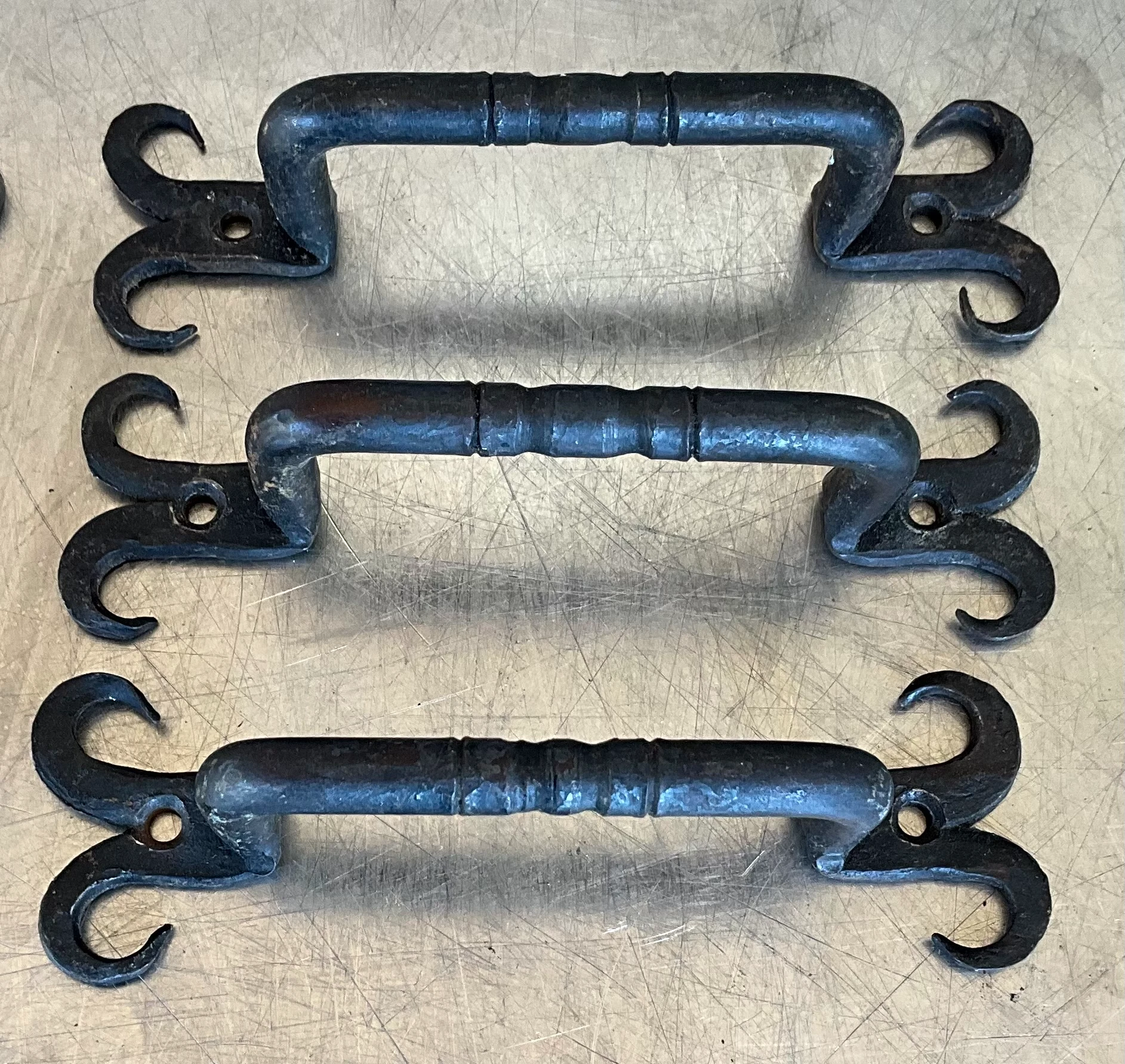 Vintage Boho Hand Forged Cast Iron Handle - Set of 6 - Top view