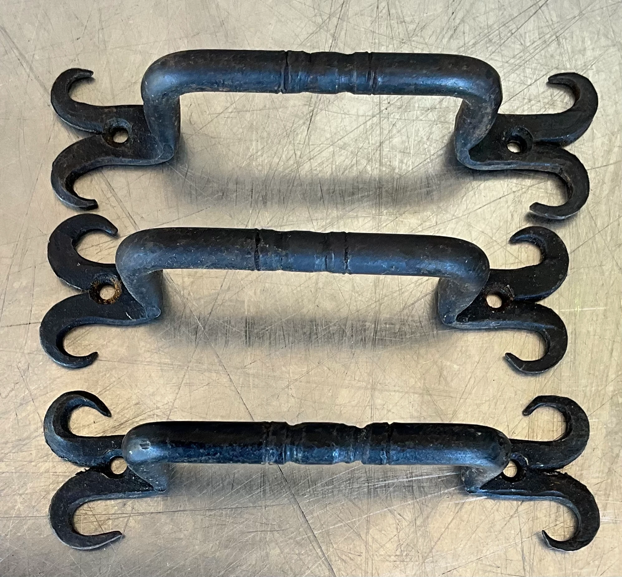 Vintage Boho Hand Forged Cast Iron Handle - Set of 6 - Side view