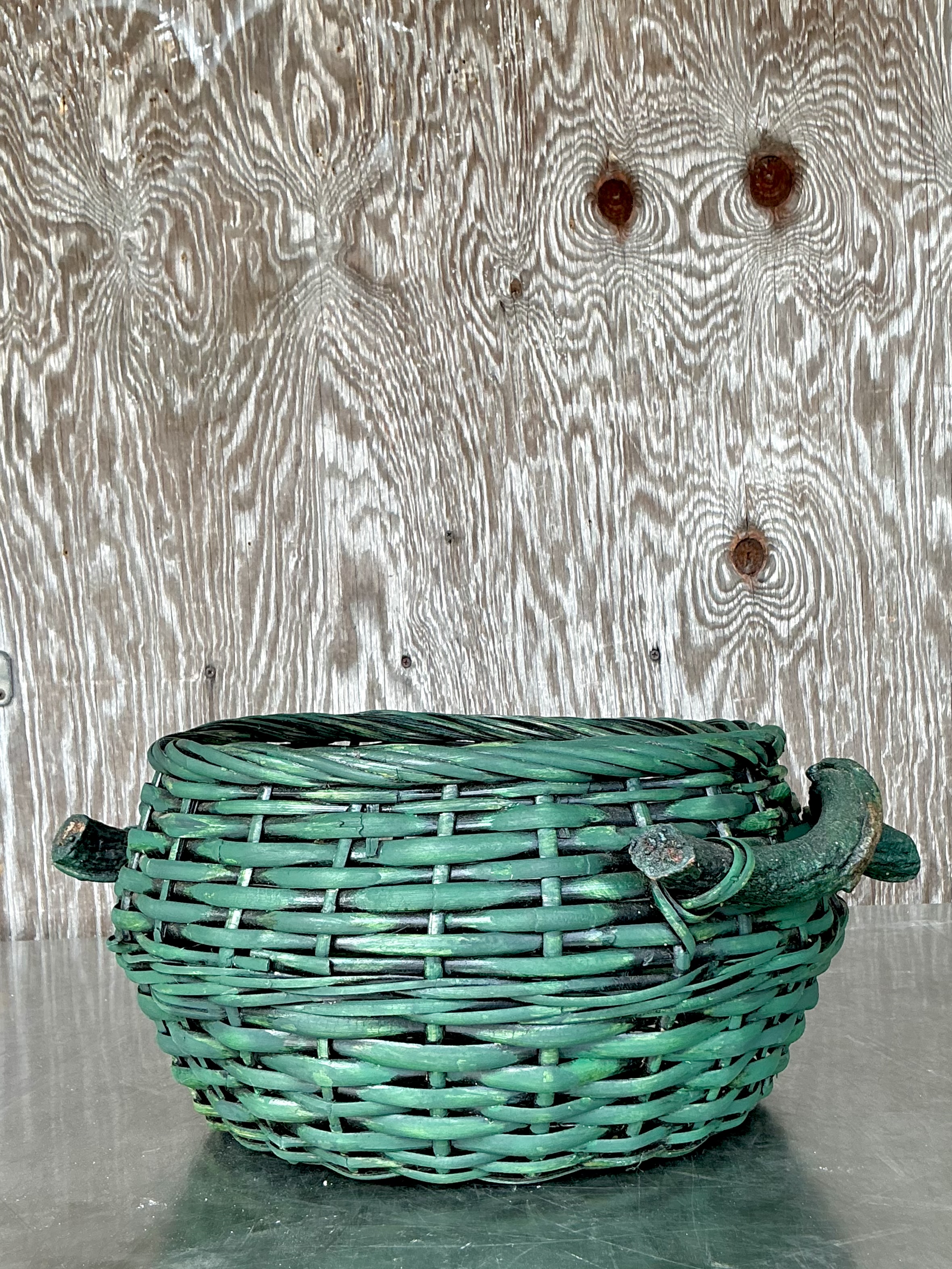 Vintage Boho Woven Rattan Branch Basket - Side view