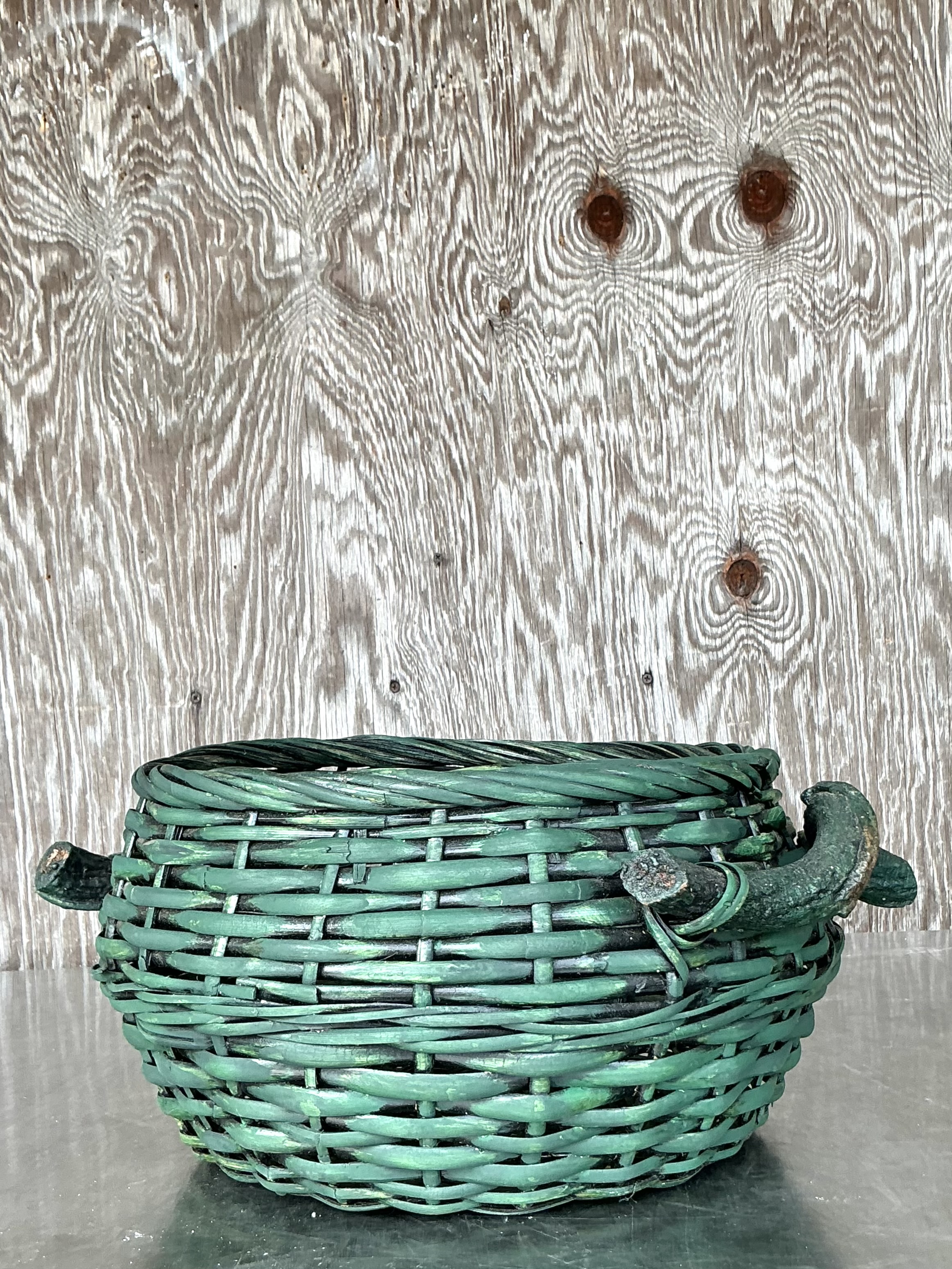 Vintage Boho Woven Rattan Branch Basket - Back view