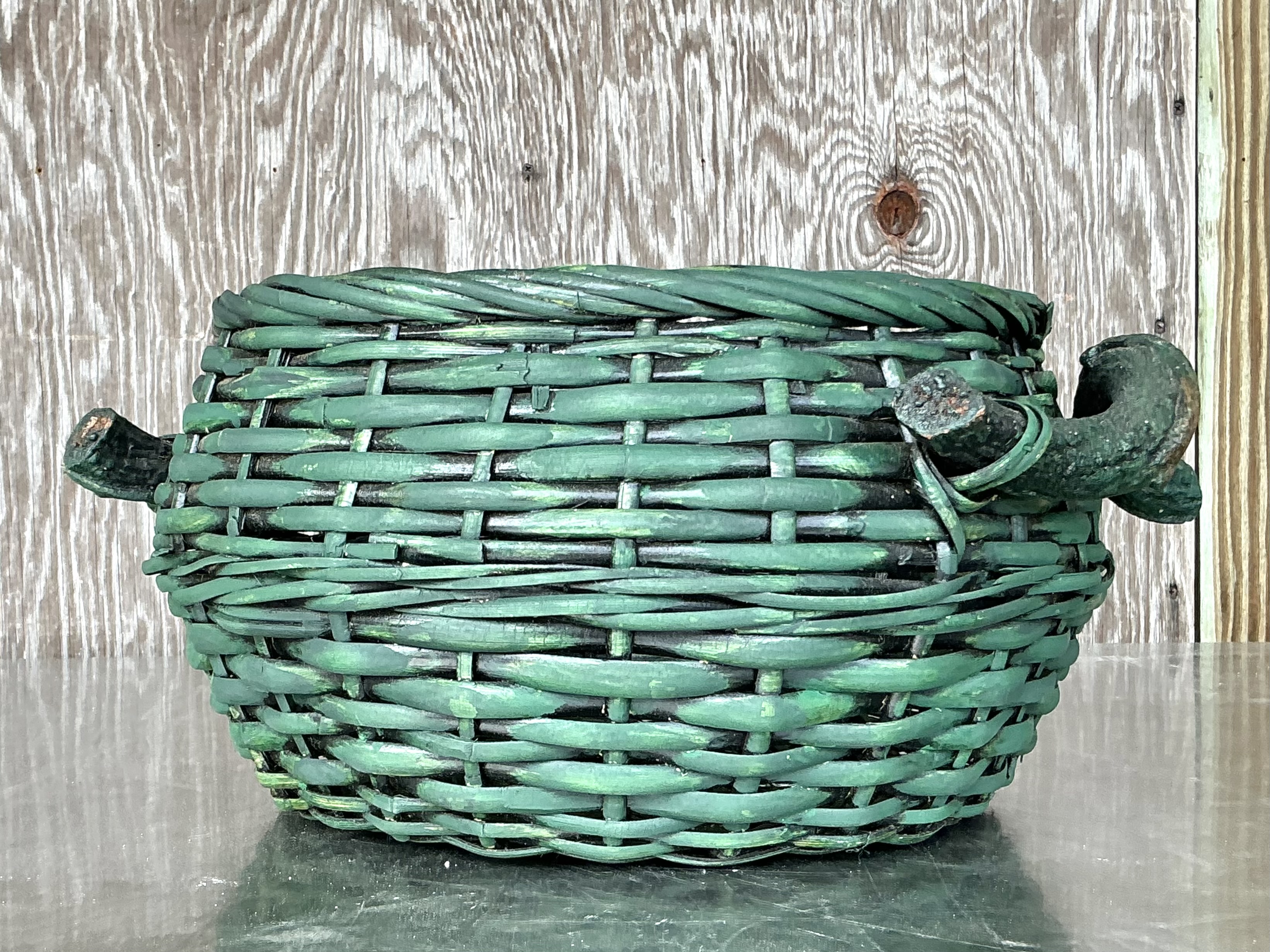 Vintage Boho Woven Rattan Branch Basket - Top view