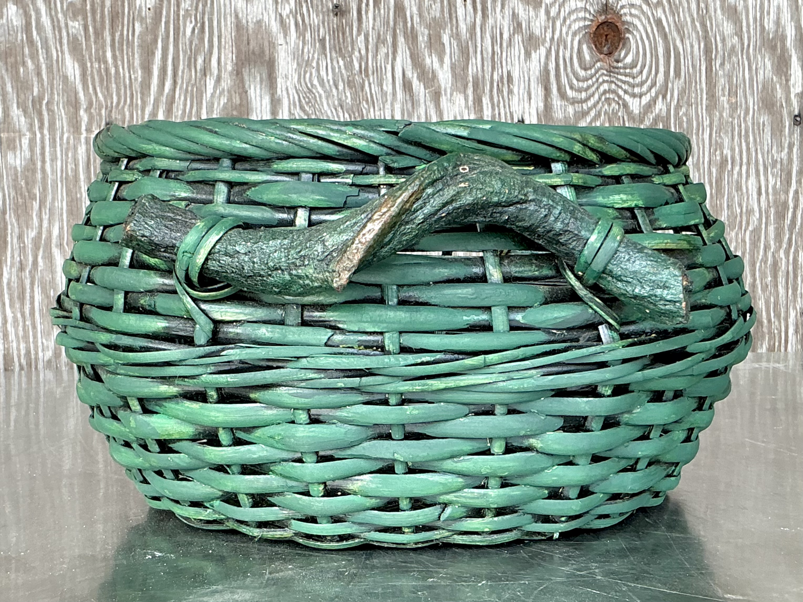 Vintage Boho Woven Rattan Branch Basket - Detail view