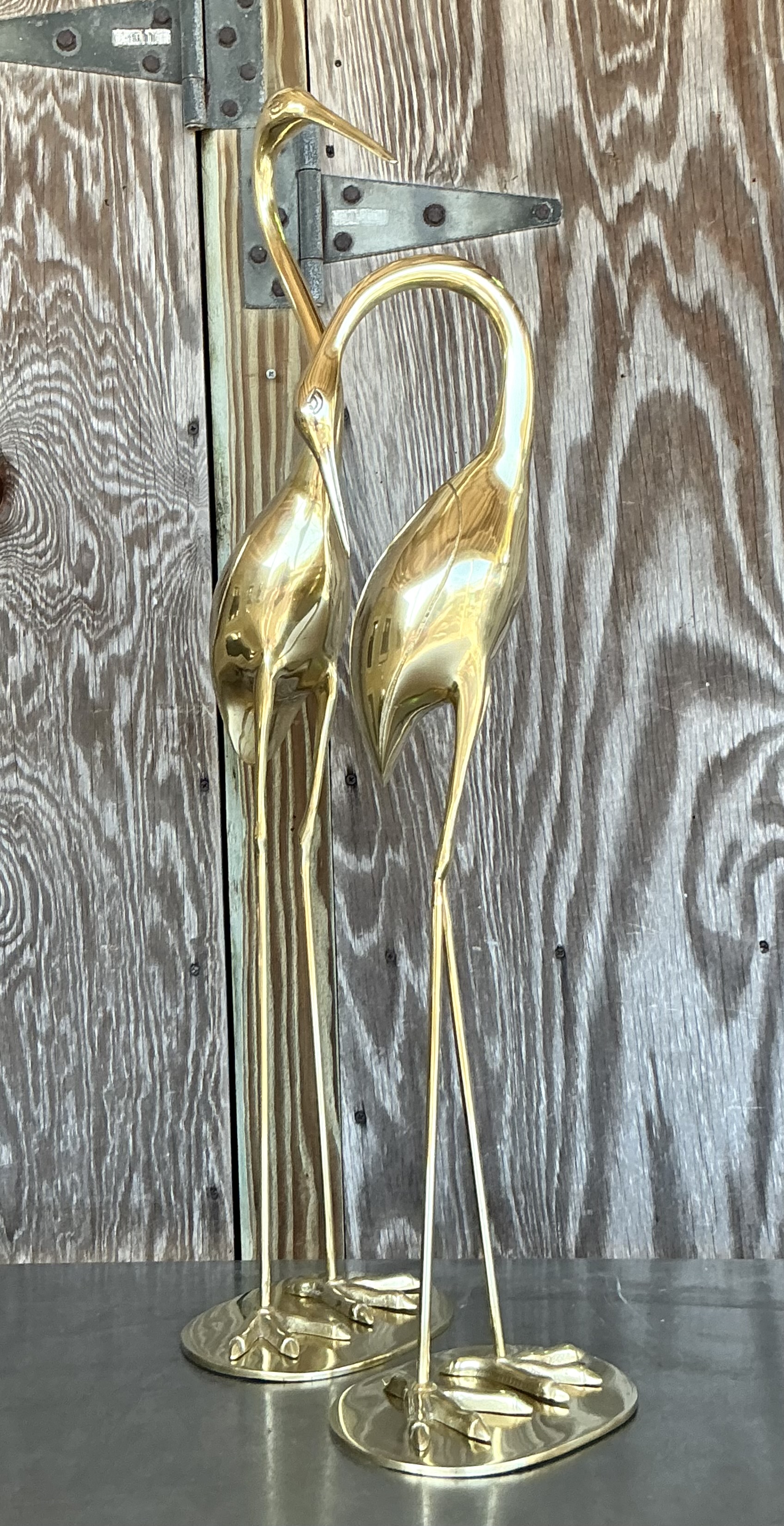 Vintage Boho Polished Brass Cranes- A Pair - Detail view