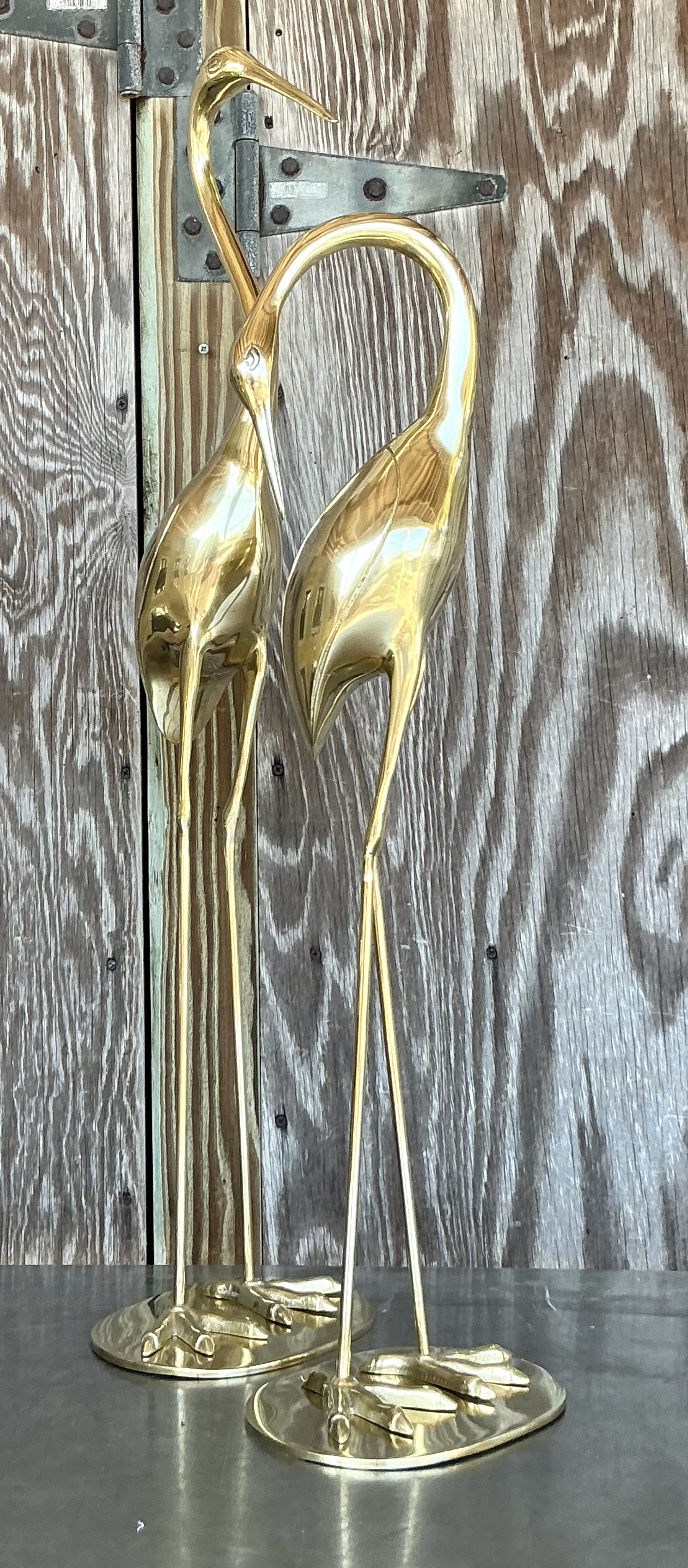 Vintage Boho Polished Brass Cranes- A Pair - Side view
