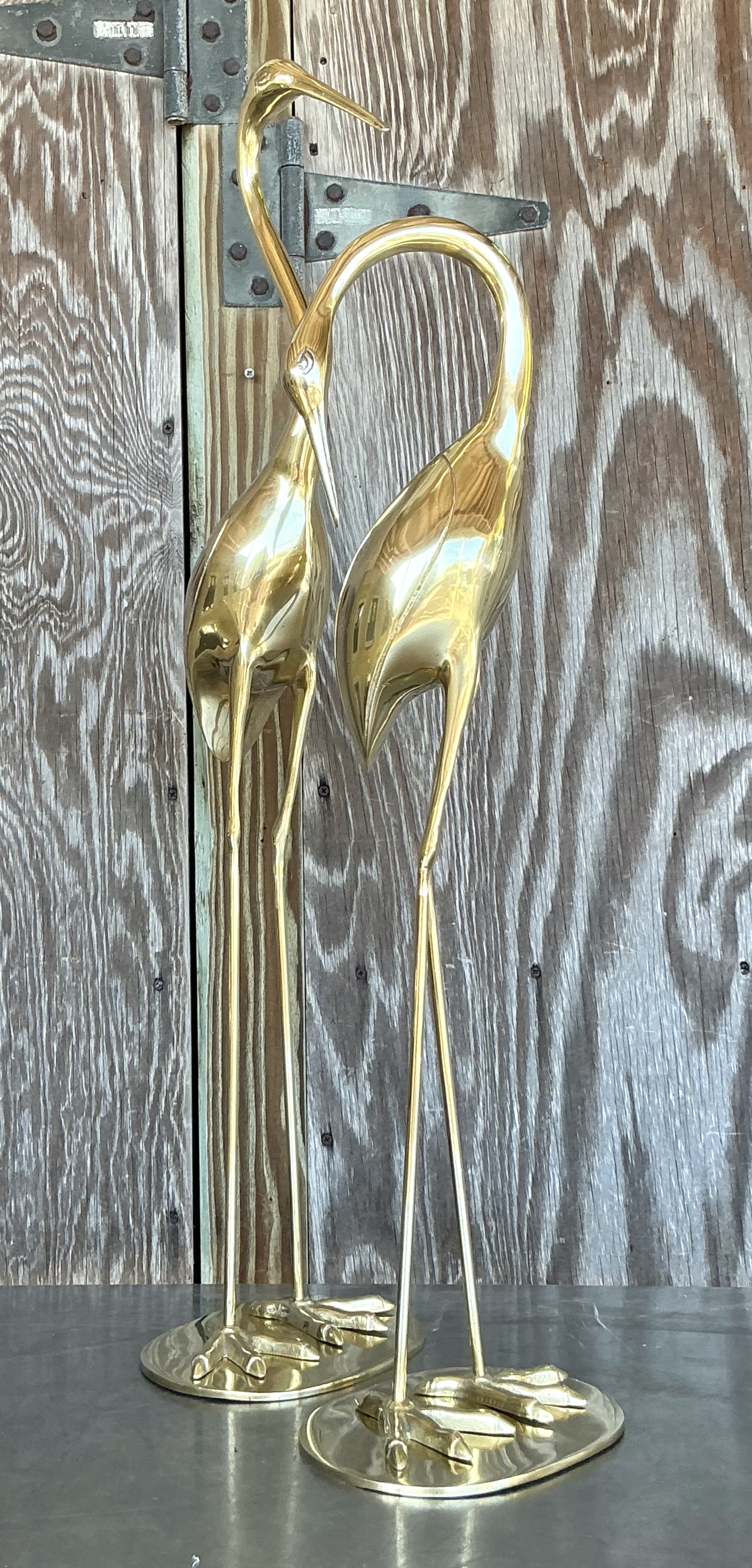 Vintage Boho Polished Brass Cranes- A Pair - Back view