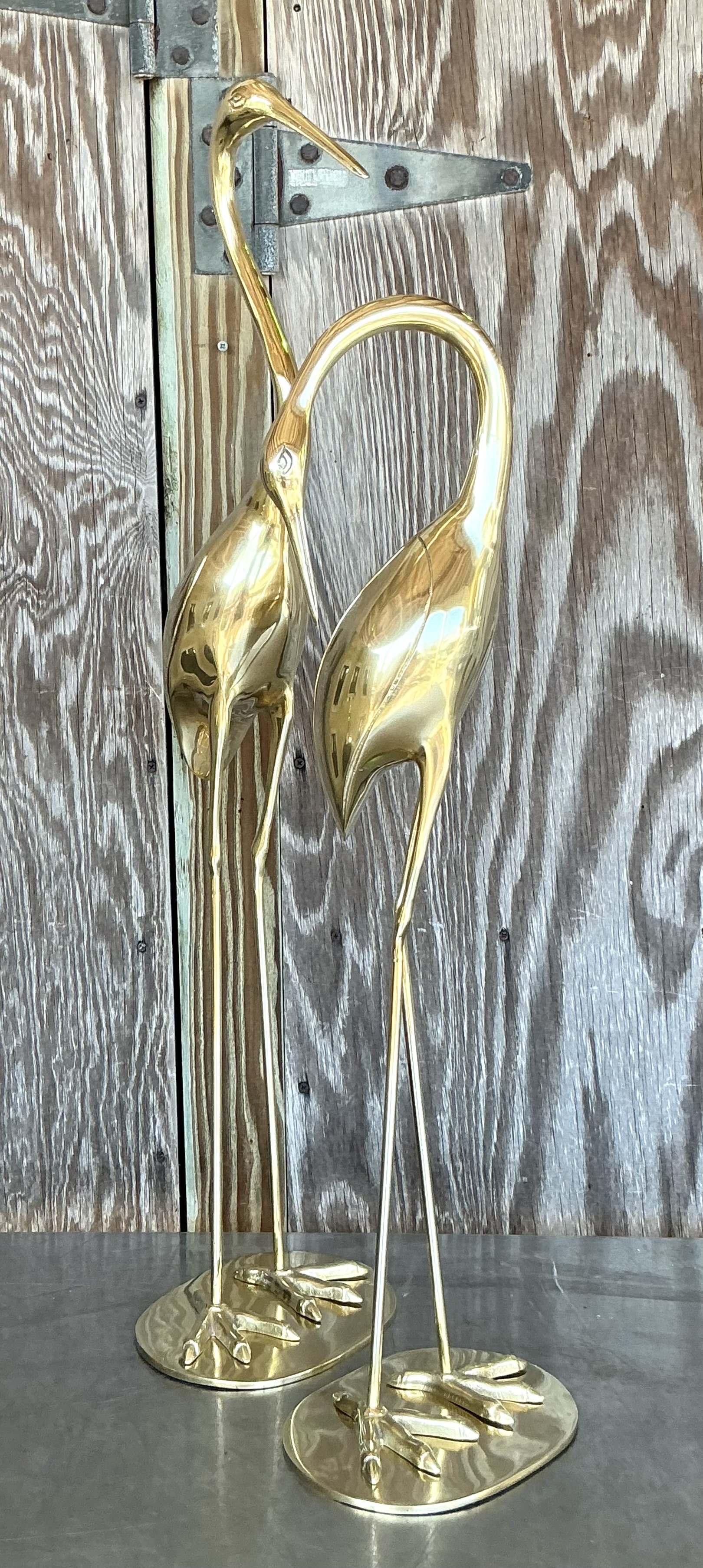 Vintage Boho Polished Brass Cranes- A Pair - Top view