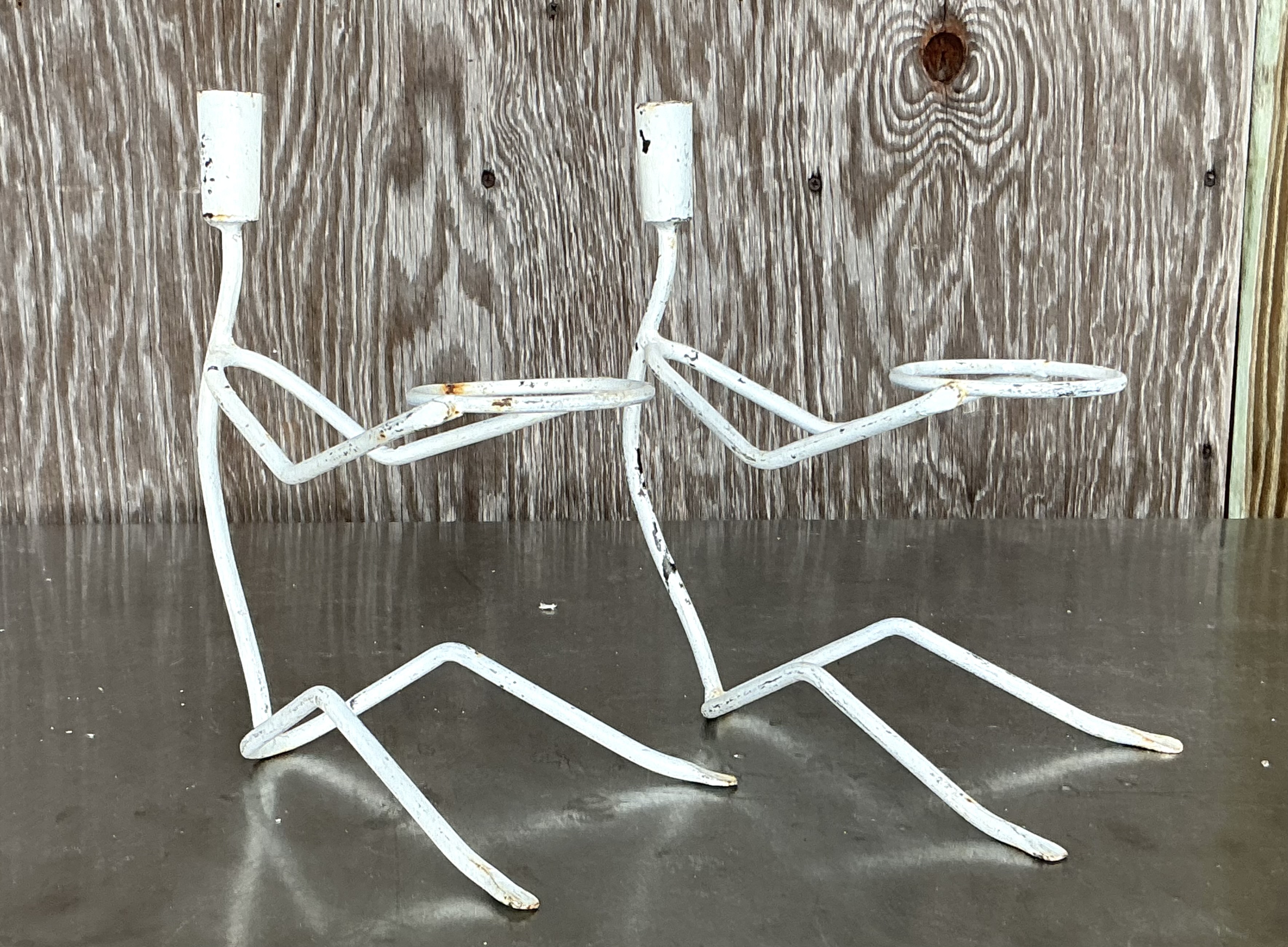 Vintage Boho Wire Stick Figure Plant Holders - A Pair - Top view