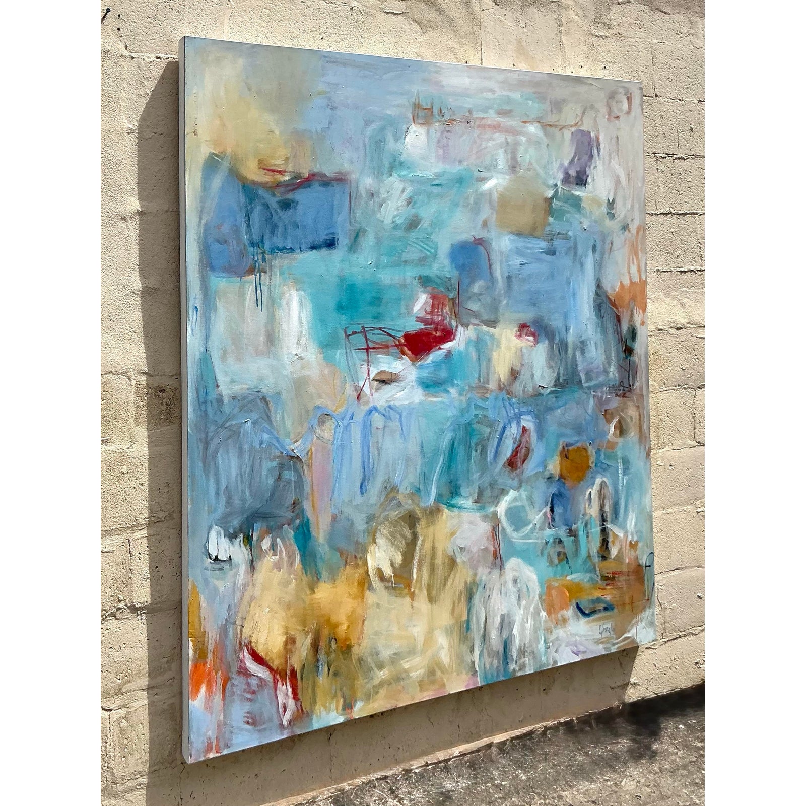 Vintage Boho Monumental Original Abstract Oil on Canvas - Detail view