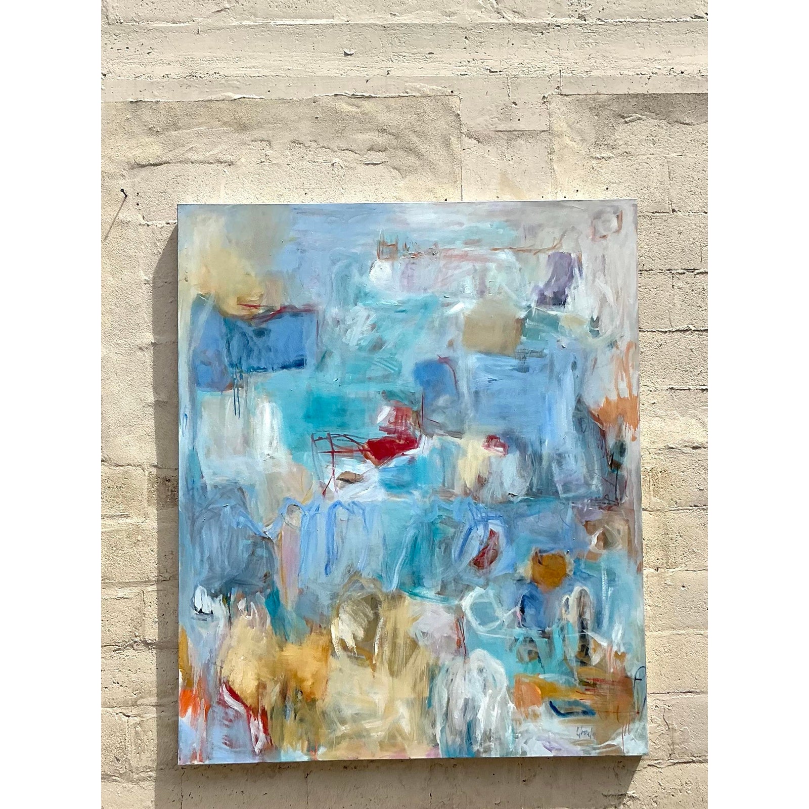 Vintage Boho Monumental Original Abstract Oil on Canvas - Back view
