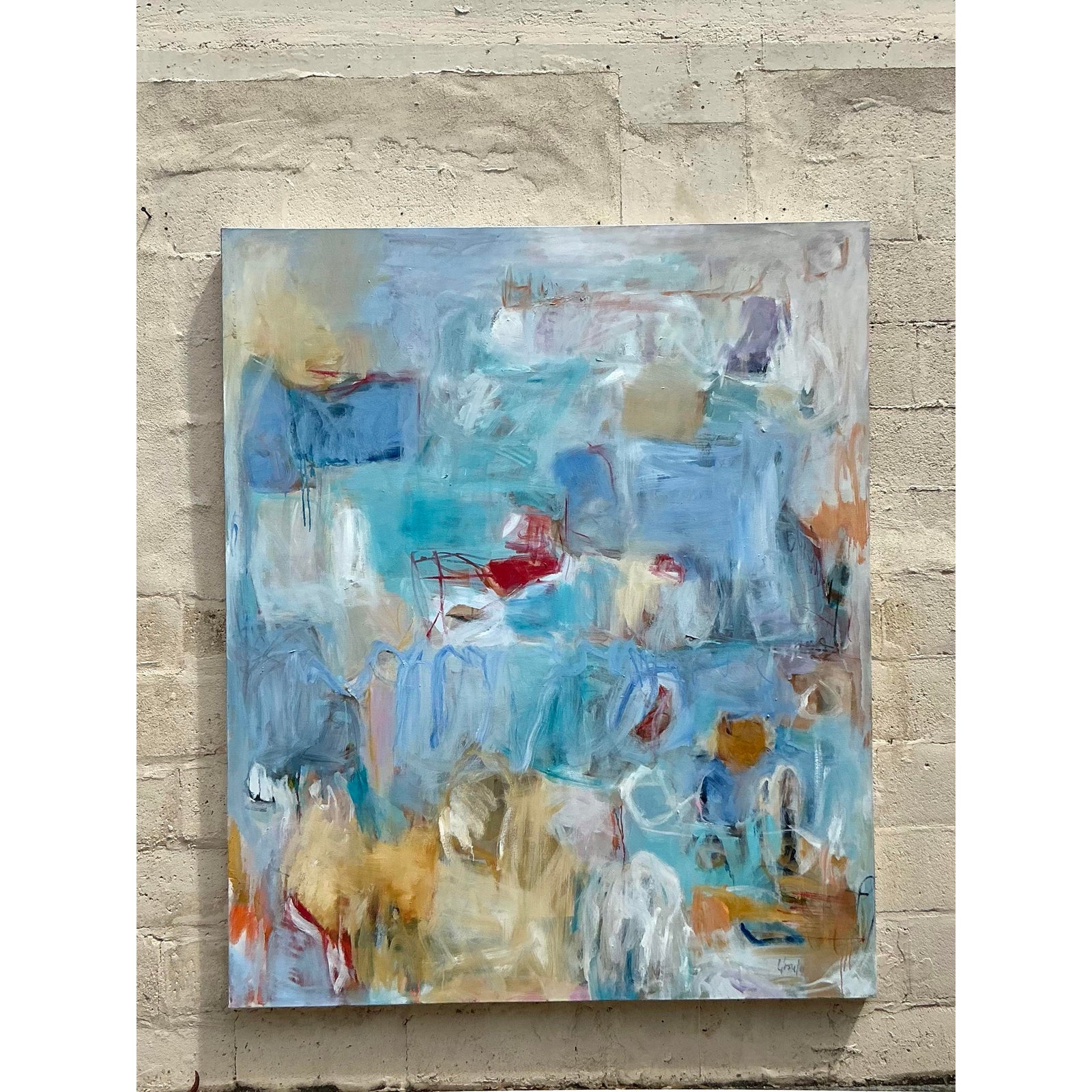Vintage Boho Monumental Original Abstract Oil on Canvas - Top view